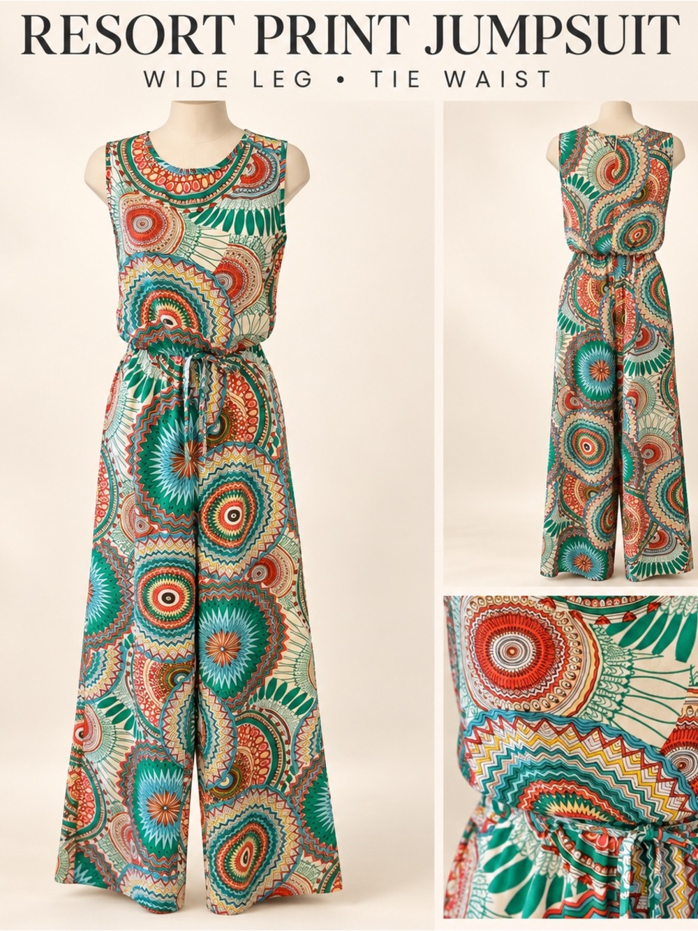 Green & Coral Geometric Print Wide Leg Jumpsuit Tie Waist Size S NWOT